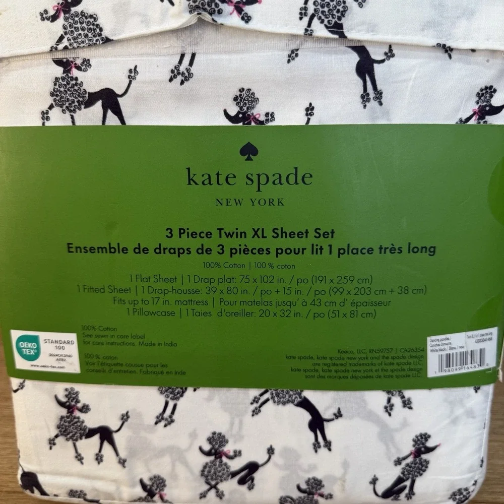 Kate Spade New York 3 Piece Twin XL Sheet Set Dancing Poodles Dog Cotton New